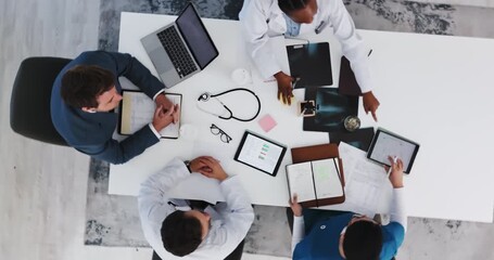 Doctors, meeting and people with tech, boardroom and budget for new medical equipment or discussion. Hospital, team and research for clinic grants with info, above and funding for healthcare services - Powered by Adobe