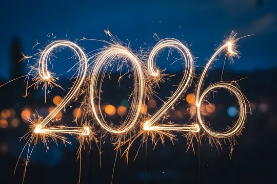 2026 numbers written with sparklers at night new year