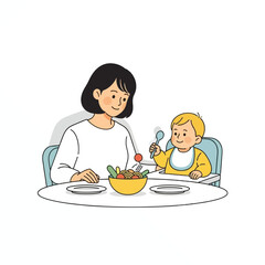 A mother and her baby are sitting at a table, with the baby in a high chair holding a spoon, ready to eat a meal together.