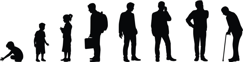 Silhouette showing stages of human life from childhood to adulthood and old age in sequential standing poses