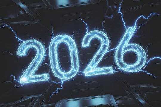 Glowing Neon 2026 Numbers Surrounded by Electric Blue Lightning