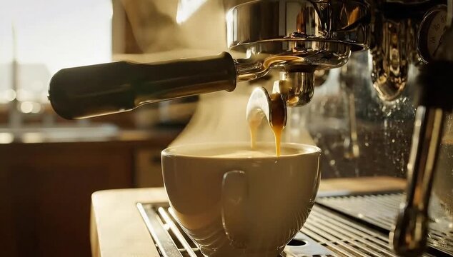 Fresh espresso pouring into cup, brewing caffeine boost for morning routine