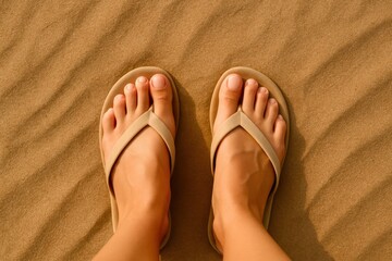 A person is standing on the beach wearing flip flops