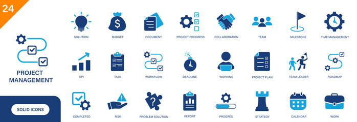 Project management icon. Including project progress, workflow, task, roadmap, KPI. Solid vector icon set.
