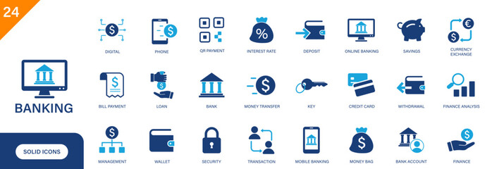 Banking icon. Including credit card, money transfer, wallet, online banking, bank account. Solid vector icon set.