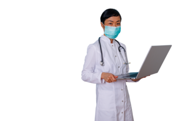 Professional woman with curly hair holding a laptop and smiling, embracing technology and business innovation, transparent background