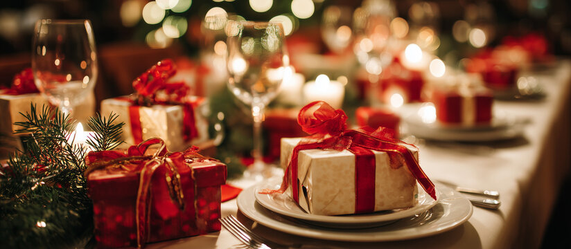 Festive christmas table setting with gifts and sparkling lights for a holiday celebration