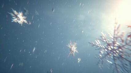 Close-up view of intricate snowflakes descending through a crisp blue winter atmosphere with a glowing sun. - Powered by Adobe