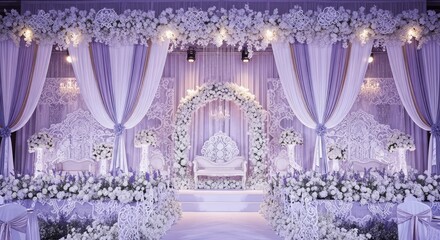An enchanting wedding stage adorned with delicate white flowers and elegant draping, creating a romantic and ethereal ambiance for the special occasion