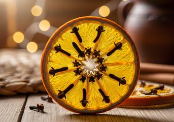Aromatic slice of dried orange studded with cloves for Christmas decoration, glowing against a background of festive bokeh lights