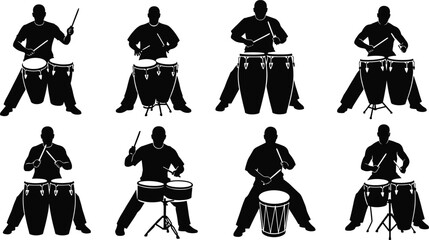 Drumming silhouette icons cartoon illustration, symbolic percussion diversity and expressive musical gesture artwork for design and education
