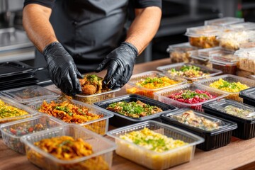 Obraz premium Chef's gloved hands packing multiple plastic containers with various prepared meals