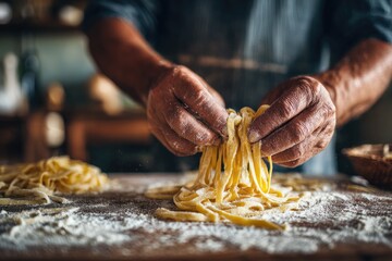 Experienced hands expertly shaping fresh homemade tagliatelle pasta on a floured board