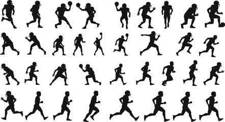 Football player silhouette cartoon illustration, expressive athletic gestures and symbolic sports motion icons for design and education