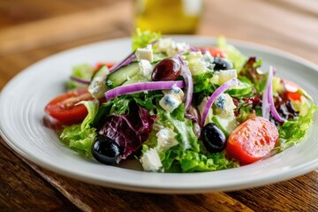 A vibrant, healthy salad with fresh greens, vegetables, olives, and crumbled cheese