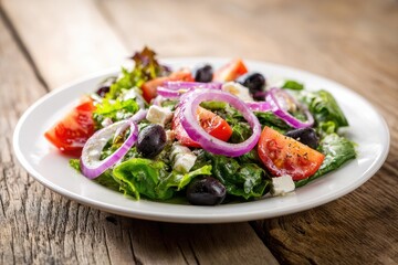 A fresh, colorful Mediterranean salad with greens, tomatoes, olives, onions, and feta