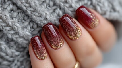 Elegant burgundy nails with a glitter gradient, complemented by a cozy knitted texture in the background, blurred Christmas background
