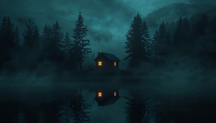 Cabin in the woods at night with reflection on the lake