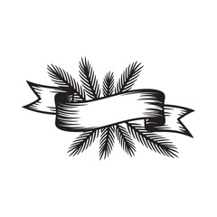 Hand drawn christmas ribbon with pine branches illustration
