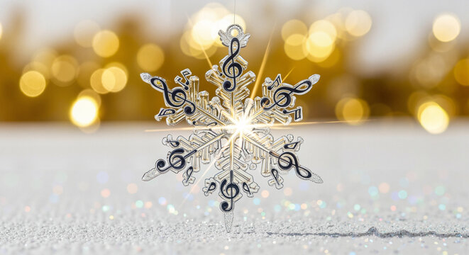Musical notes shaped like a snowflake with sparkling background  