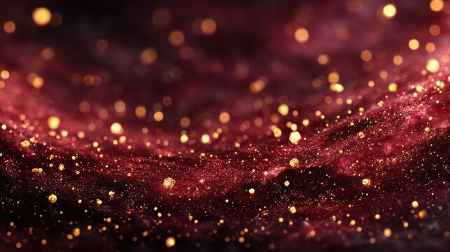 A mesmerizing cosmic scene featuring shimmering gold particles against a deep red background, evoking a sense of wonder and mystery, blurred Christmas background - Powered by Adobe