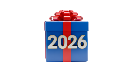Blue gift box with red ribbon and 2026 numbers isolated on transparent background