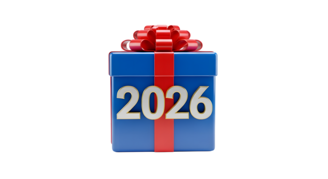 Blue gift box with red ribbon and 2026 numbers isolated on transparent background