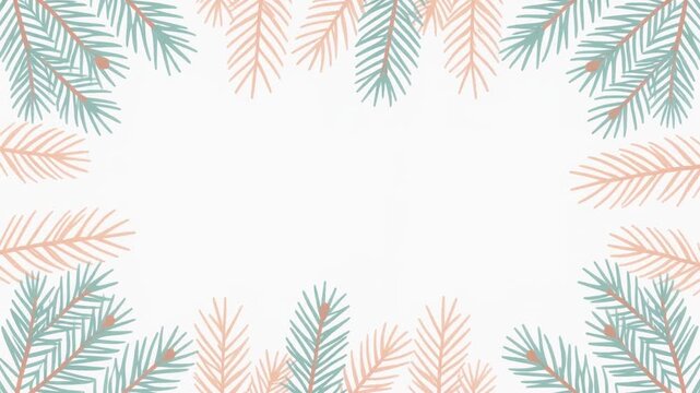 A festive holiday background featuring pastel-colored pine branches arranged to create a frame with a clean, white space in the center for text or design elements.