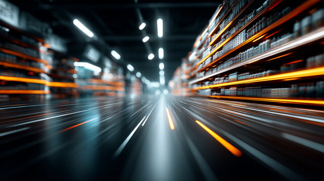 Fast warehouse aisle speed blur modern logistics brand strategy visual metaphor for rapid fulfillment with glowing orange shelving and reflective floor conveying energy and efficient movement