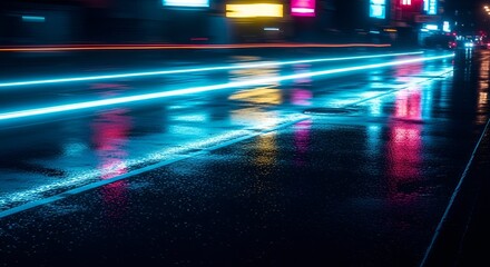 Abstract city street at night with neon lights and vibrant reflections in wet asphalt surface.