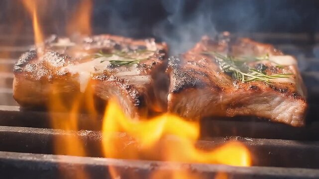 Two pieces of seasoned meat sizzling on a hot grill with vibrant orange flames and smoke rising, creating a delicious outdoor cooking scene.