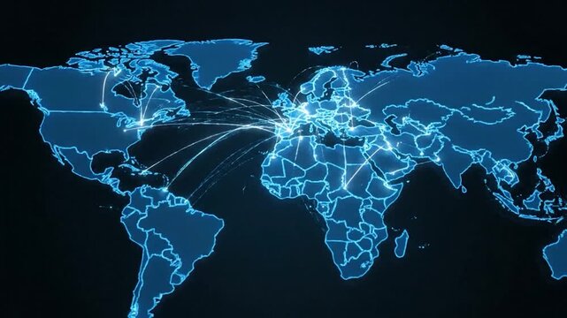 Blue glowing world map with connected nodes, lines representing global connections in a dark space
