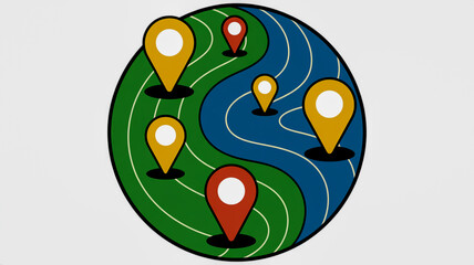 Stylized globe with location pins and winding paths representing travel or navigation world