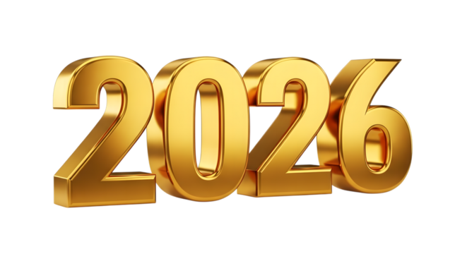 Golden 3d numbers 2026 isolated on transparent background