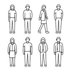 Collection of simple line art illustrations of diverse people in casual clothing standing and walking