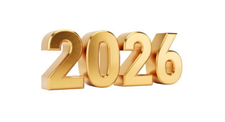 Golden 3d numbers 2026 isolated on transparent background