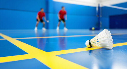 Obraz premium Shuttlecock on blue court with yellow lines and blurred background sport