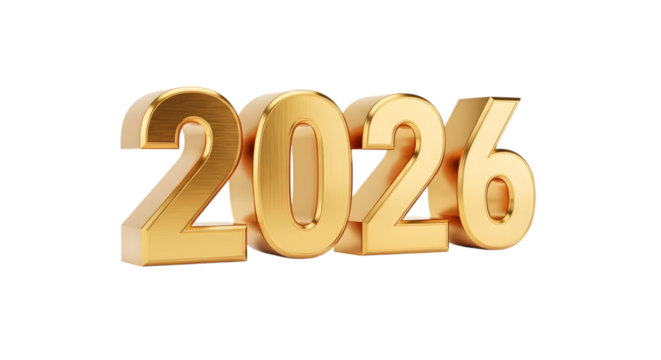 Golden 3d numbers 2026 isolated on transparent background
