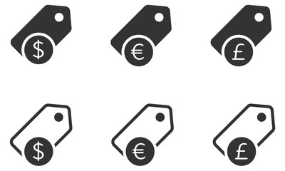 Tag price icon set sale icons with dollar euro and pound symbols flat vector illustration
