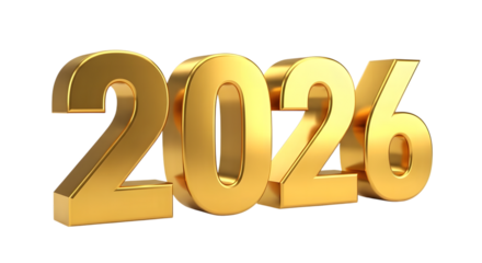 Golden 2026 numbers isolated on transparent background