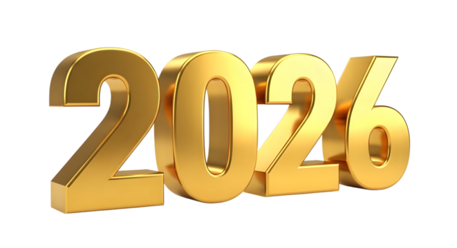Golden 2026 numbers isolated on transparent background
