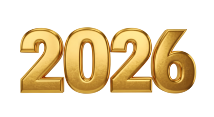 Golden 3d numbers 2026 isolated on transparent background