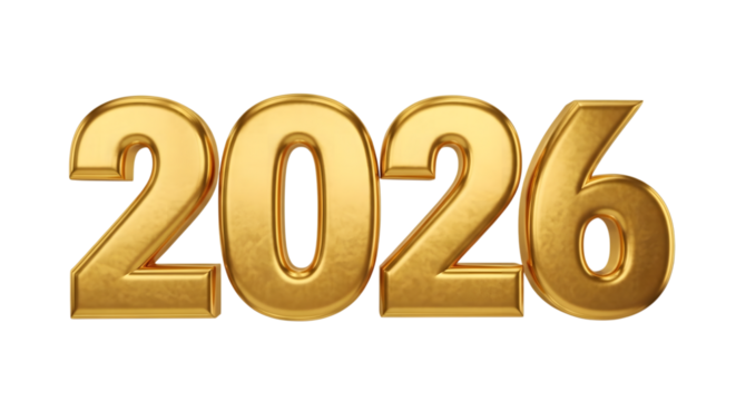 Golden 3d numbers 2026 isolated on transparent background