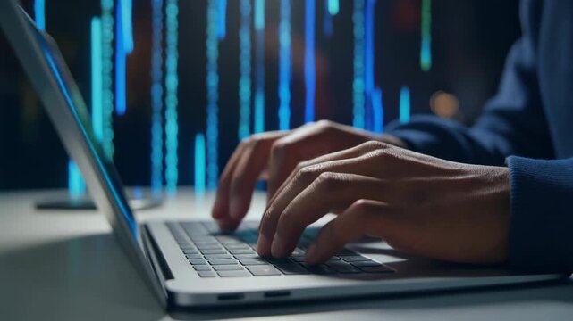 Close-up of hands typing on a laptop keyboard with abstract digital data streams. - Powered by Adobe