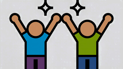 Two Stylized Figures with Arms Raised in Celebration with Sparkle Icons Above success achievement