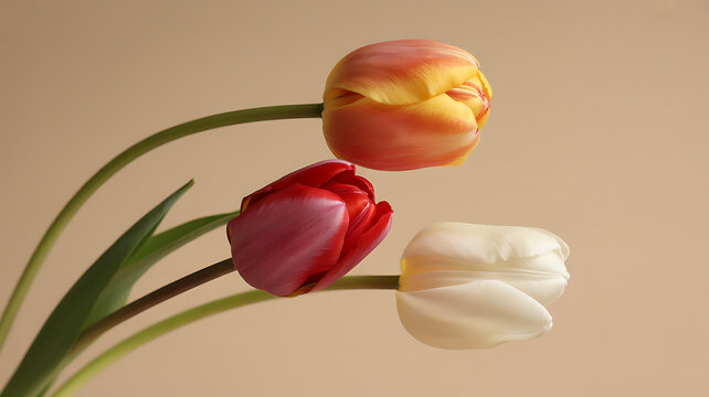 Vibrant trio of red, cream, and bi-color tulips artfully arranged, symbolizing spring's fresh beauty and renewal, perfect for sophisticated floral themes. - Powered by Adobe