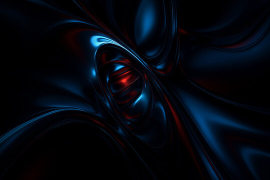 AI generated abstract scene with glossy flowing metallic shapes glowing blue and red light forming a deep mysterious vortex symbolizing motion depth transformation and infinite energy - Powered by Adobe