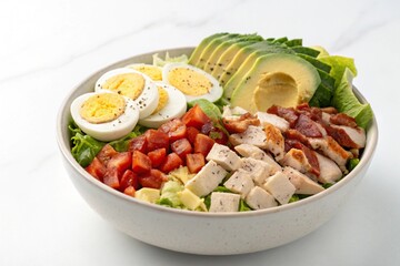 Assorted cobb salad with boiled eggs, avocado, chicken, and vegetables in a bowl, top view