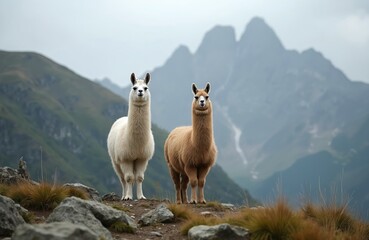 Obraz premium Two llamas stand on mountain ridge. White, brown colored llama looking to camera. Highland landscape view with grazing mammal in Andes mountains. Travel tourism concept in South America natural