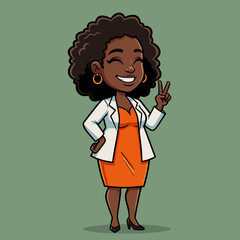 Happy cartoon Black professional woman giving peace sign in orange dress and white blazer.
